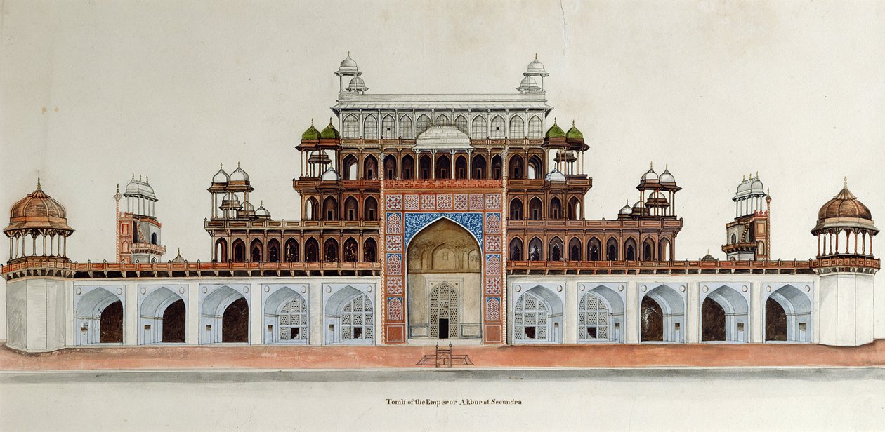 सिकंदरा में सम्राट अकबर का मकबरा (कागज पर स्याही और स्याही) द्वारा अंग्रेजी स्कूल