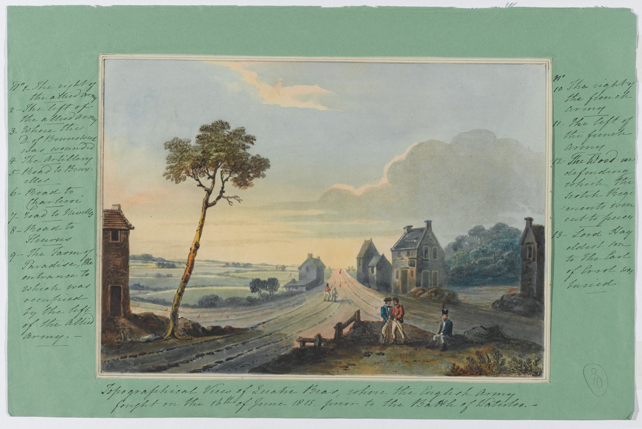 क्वात्रे ब्रास का स्थलाकृतिक दृश्य, जहां 16 जून 1815 को वाटरलू की लड़ाई से पहले अंग्रेजी सेना लड़ी, c.1815 (कागज पर wc) द्वारा अंग्रेजी स्कूल