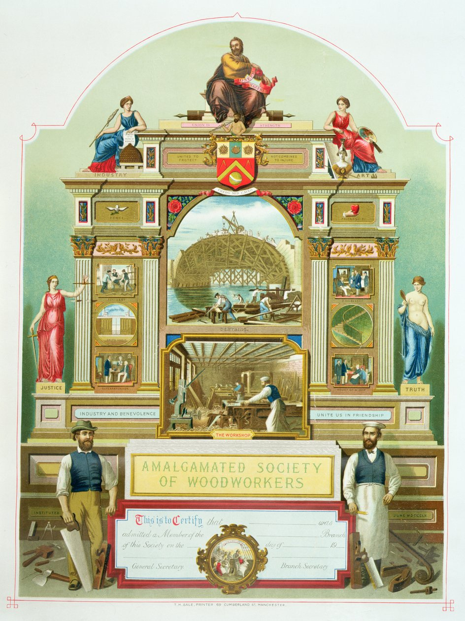 1860 की वुडवर्कर्स की अमलगमेटेड सोसायटी का ट्रेड प्रतीक द्वारा अंग्रेजी स्कूल