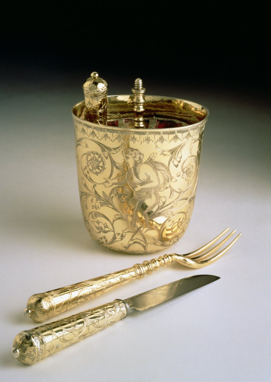 चाकू, कांटा, चम्मच और बीकर का यात्रा सेट, c.1690 (चांदी) द्वारा अंग्रेजी स्कूल