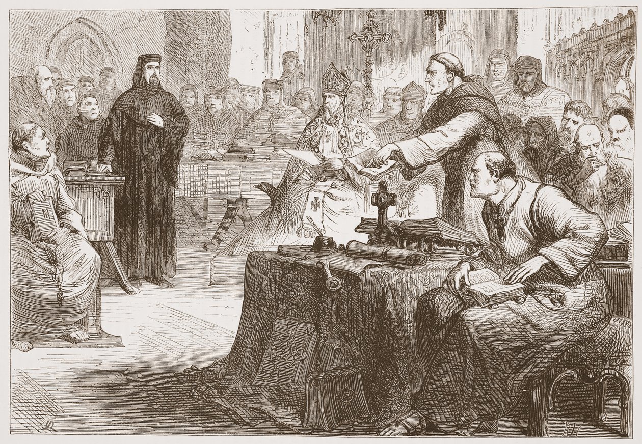 विक्लिफ़ का परीक्षण, जेम्स एइटकेन वायली (1808-1890), पब द्वारा प्रोटेस्टेंटवाद के इतिहास का चित्रण 1878 द्वारा अंग्रेजी स्कूल