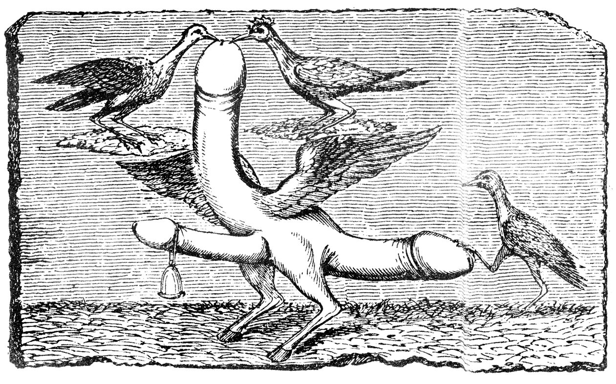 एक पंख, पैर और एक बकरी के पैर के साथ ट्रिपल phallus, एक घंटी, पंख, दो पक्षी सबसे बड़ा लिंग और एक अन्य पक्षी उसके पैर के साथ पूंछ पकड़े हुए द्वारा अंग्रेजी स्कूल