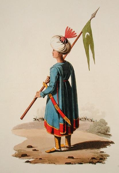 तुर्की सैनिक, 'विभिन्न राष्ट्रों की वेशभूषा', खंड VII, 'तुर्की की सैन्य पोशाक', थॉमस मैकलीन द्वारा प्रकाशित, c.1800-18 (हाथ के रंग का एक्वाटिंट) द्वारा अंग्रेजी स्कूल