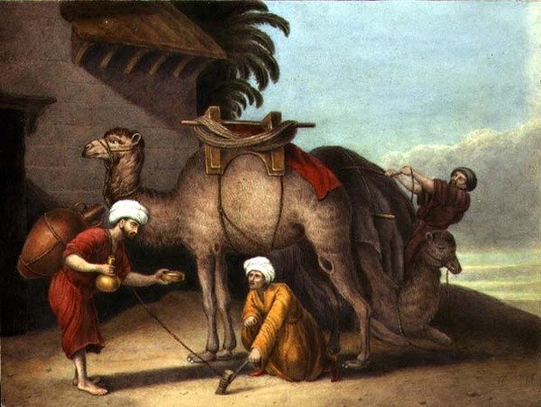 परिचारकों के साथ दो ऊंट, c.1825 (कागज पर पानी के रंग का) द्वारा अंग्रेजी स्कूल