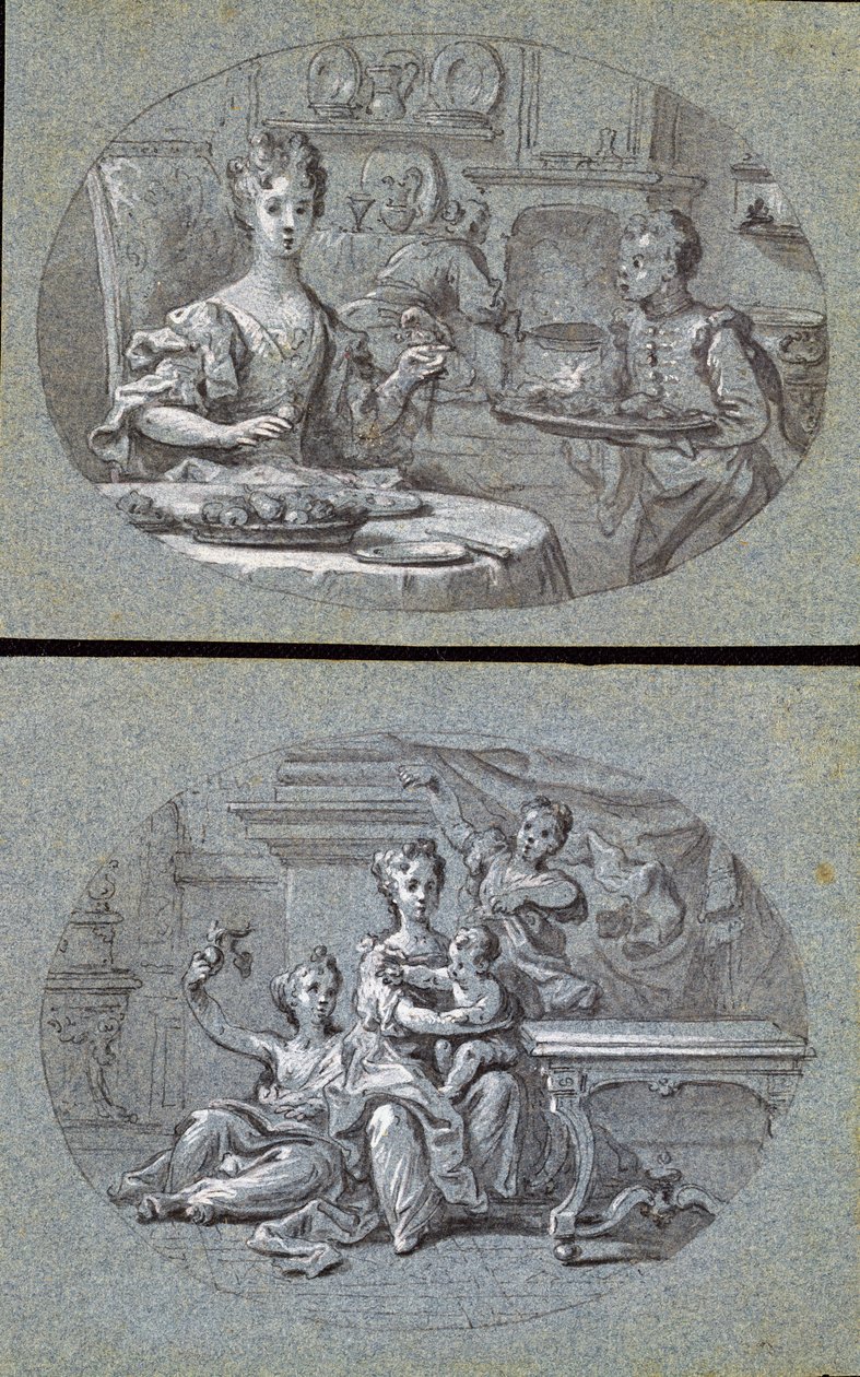 दो घरेलू दृश्य, c.1725 (नीले कागज पर काले और सफेद चाक) द्वारा अंग्रेजी स्कूल