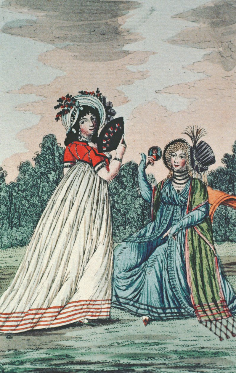 गार्डन में दो फैशनेबल महिलाएं, c.1800 (रंग उत्कीर्णन) द्वारा अंग्रेजी स्कूल