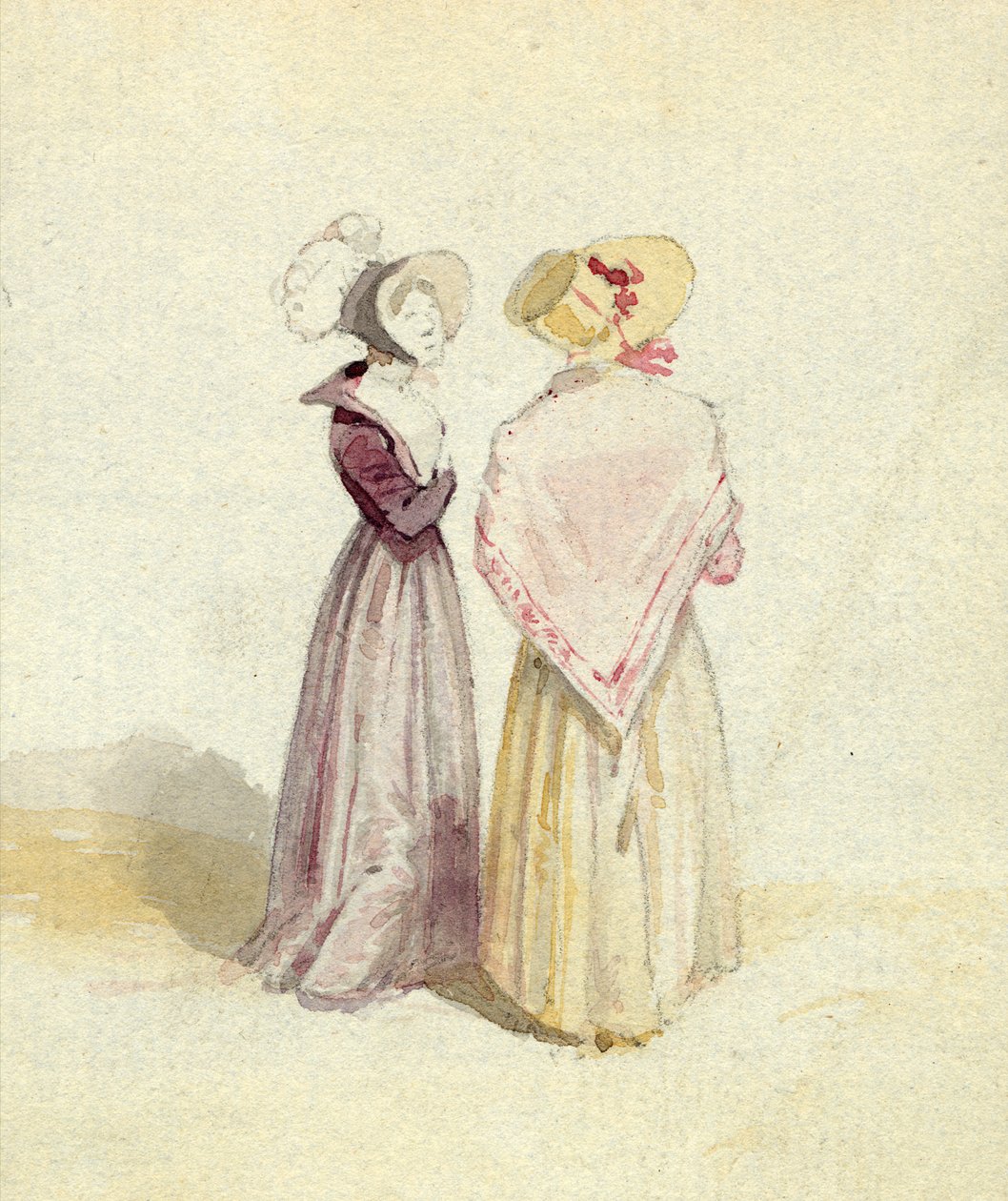 बोनट में दो महिलाएं, c.1825 (कागज पर wc) द्वारा अंग्रेजी स्कूल