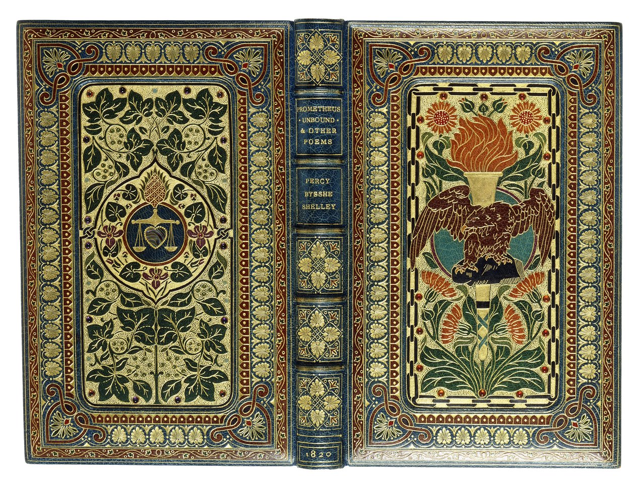 ईगल, मशाल, दिल, तराजू और फूलों के डिजाइन के साथ ऊपरी और निचले कवर, 1820 द्वारा अंग्रेजी स्कूल