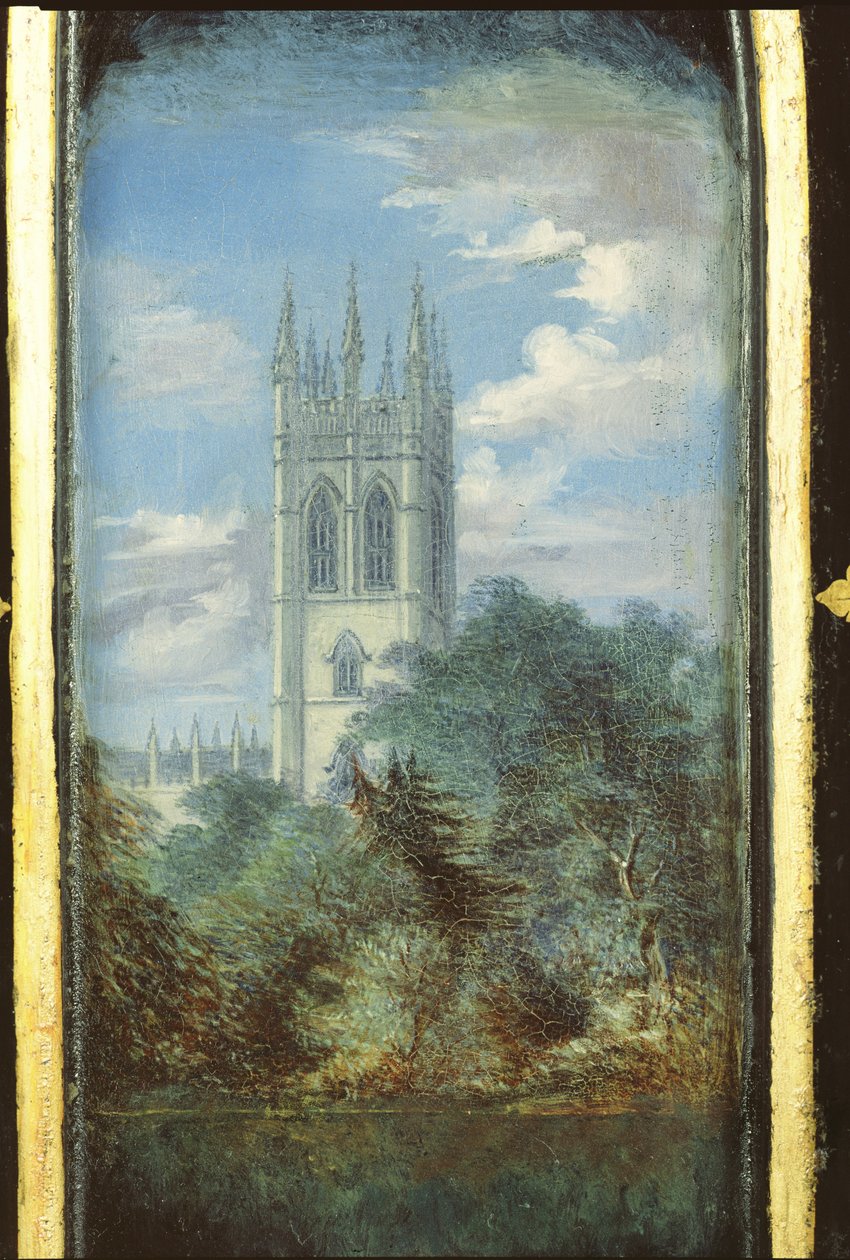 Magdalen College, Oxford (papier mache) के एक दृश्य से सजाया गया विक्टोरियन सिलाई कैबिनेट पैनल द्वारा अंग्रेजी स्कूल