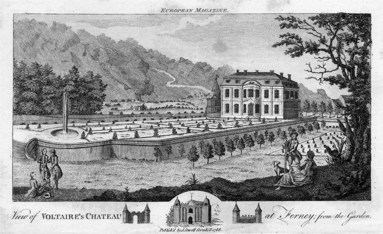 गार्डन, पब से फर्नी में वोल्टेयर के महल का दृश्य। 1786. द्वारा अंग्रेजी स्कूल