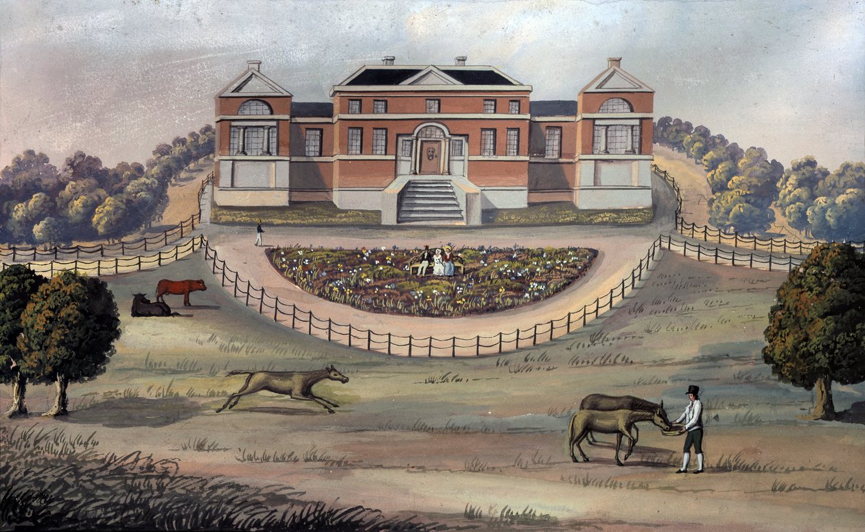 पार्क में एक कंट्री हाउस का दृश्य, c.1825 (कागज पर गौचे) द्वारा अंग्रेजी स्कूल