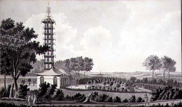 चीनी पगोडा के साथ एक डच गार्डन का दृश्य, c.1770 (कागज पर पानी के रंग के साथ कलम और स्याही) द्वारा अंग्रेजी स्कूल