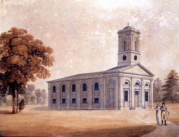 पार्क में नव-शास्त्रीय चर्च का दृश्य, c.1790 (कागज पर जल रंग) द्वारा अंग्रेजी स्कूल