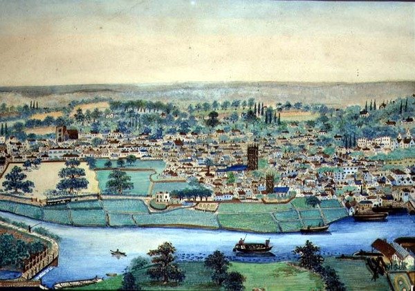 एक शहर और नदी का दृश्य, c.1830 (कागज पर पानी के रंग का) द्वारा अंग्रेजी स्कूल