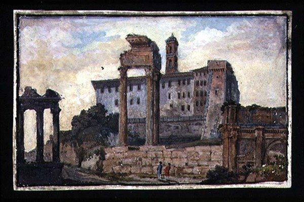 कैपिटल और कैस्टर और पोलक्स के मंदिर, रोम का दृश्य, c.1800 (कागज पर गौचे) द्वारा अंग्रेजी स्कूल