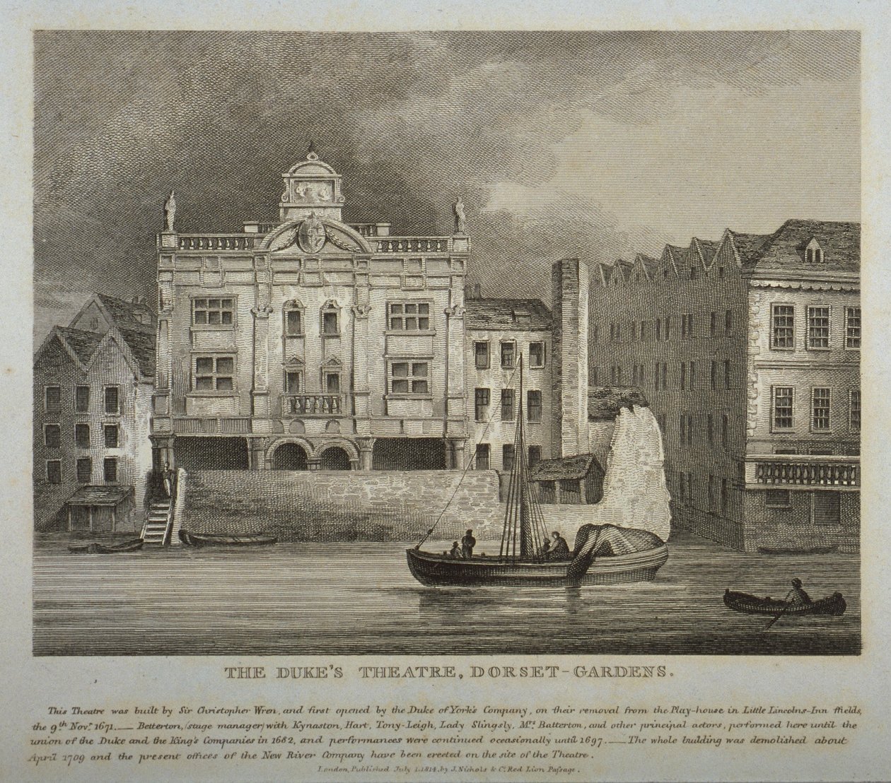 1814 में टेम्स नदी से ड्यूक थिएटर, डोरसेट गार्डन का दृश्य द्वारा अंग्रेजी स्कूल