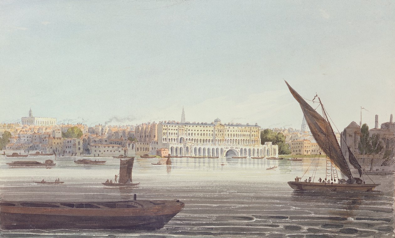 1796 में बैंकसाइड से न्यू समरसेट हाउस के रिवर फ्रंट का दृश्य द्वारा अंग्रेजी स्कूल
