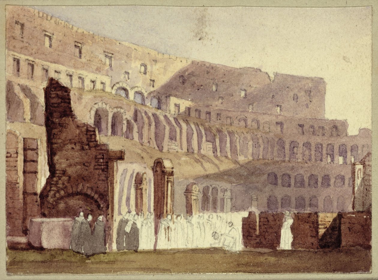 रोमन कोलोसियम का दृश्य, c.1800 (कागज पर wc और पेंसिल) द्वारा अंग्रेजी स्कूल