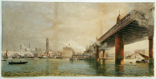 वाटरलू और हंगरफोर्ड ब्रिज के बीच टेम्स के साउथ बैंक का दृश्य, c.1870 (कागज पर पानी के रंग का) द्वारा अंग्रेजी स्कूल