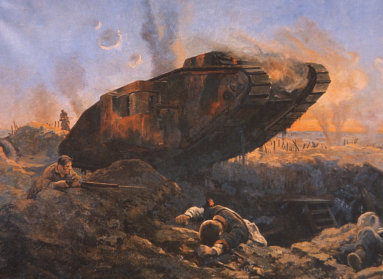 WWI ब्रिटिश टैंक पश्चिमी मोर्चे पर कार्रवाई में द्वारा अंग्रेजी स्कूल