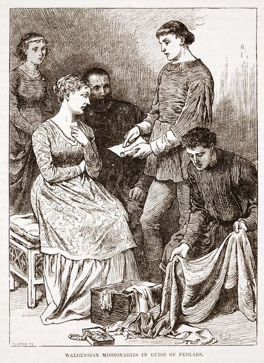 पेडलर की आड़ में वाल्डेंसियन मिशनरी, जेम्स एइटकेन वायली (1808-1890), पब द्वारा प्रोटेस्टेंटवाद के इतिहास का चित्रण। 1878 द्वारा अंग्रेजी स्कूल