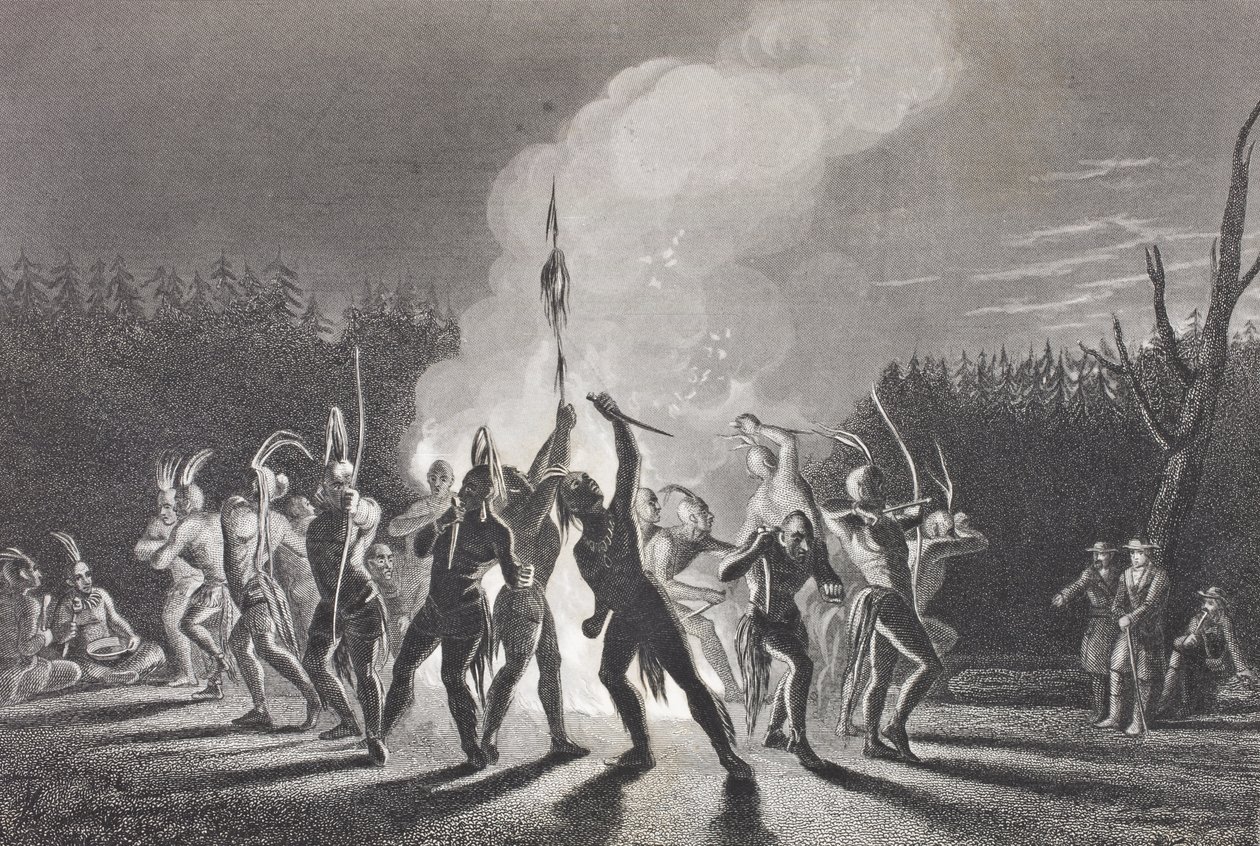 वाशिंगटन और फेयरफैक्स एक भारतीय युद्ध नृत्य, 1748 में, &39;गैलरी ऑफ हिस्टोरिकल पोर्ट्रेट्स&39; से, c.1880 प्रकाशित द्वारा अंग्रेजी स्कूल
