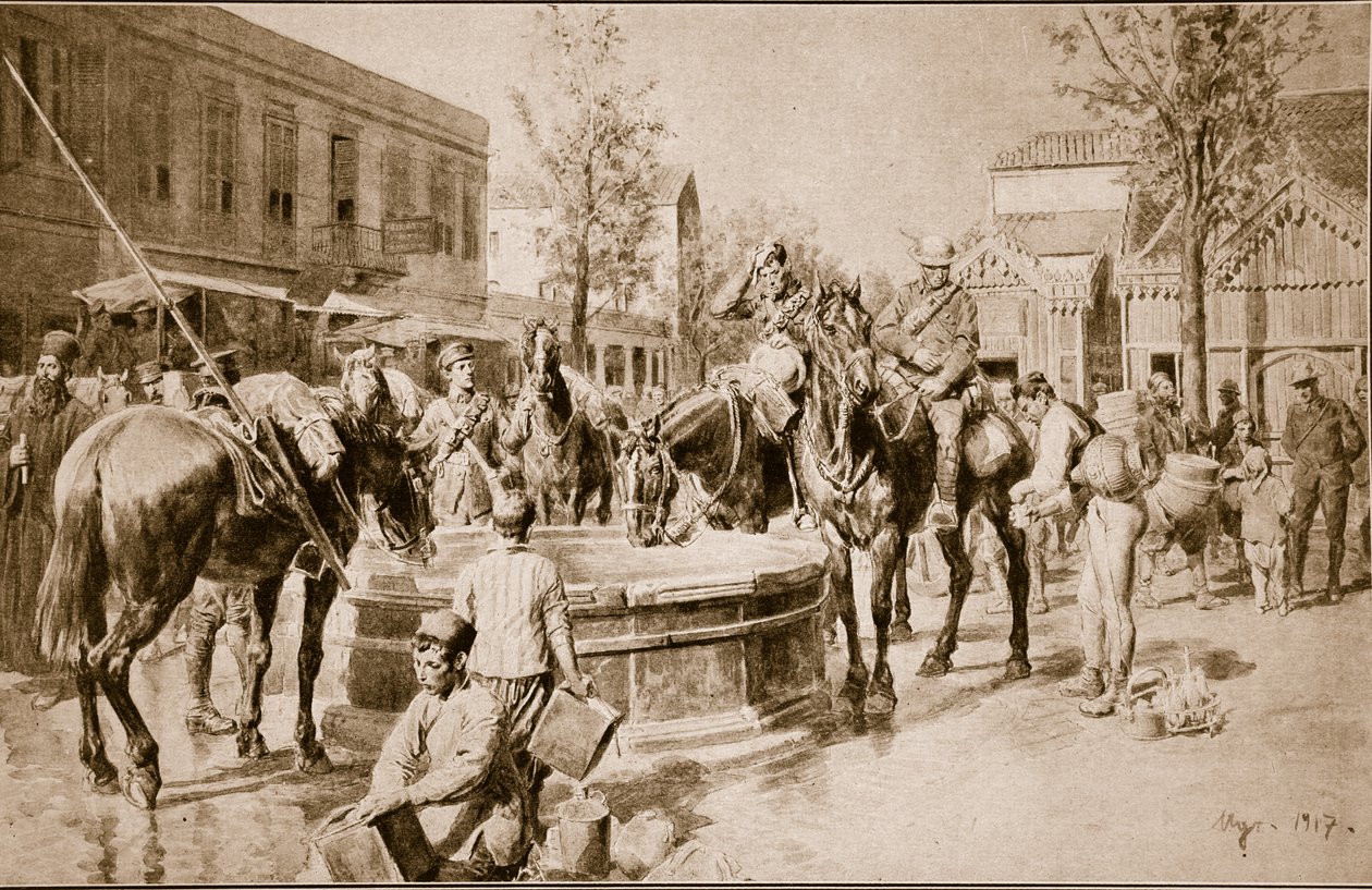 आदमी और जानवर के लिए पानी: सलोनिका में एक विशिष्ट दृश्य, 1914-19 द्वारा अंग्रेजी स्कूल