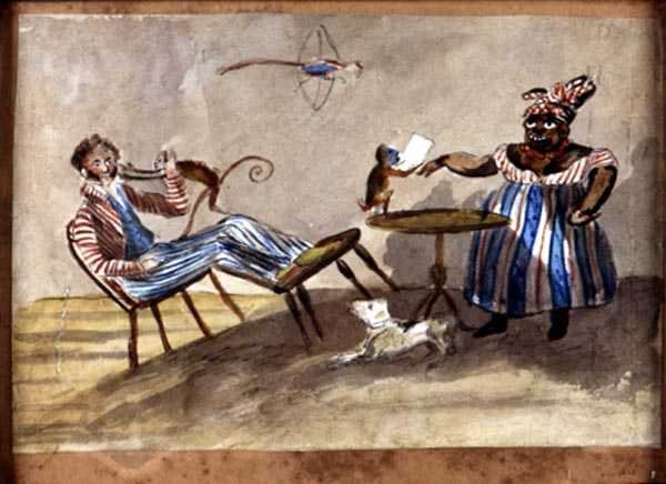 वेस्ट इंडियन डोमेस्टिक सीन, c.1835 (कागज पर पानी के रंग और स्याही) द्वारा अंग्रेजी स्कूल
