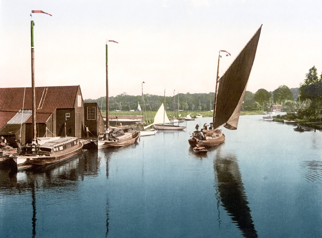 Wroxham (हाथ से रंगीन फोटो) छोड़ते हुए Wherry द्वारा अंग्रेजी स्कूल