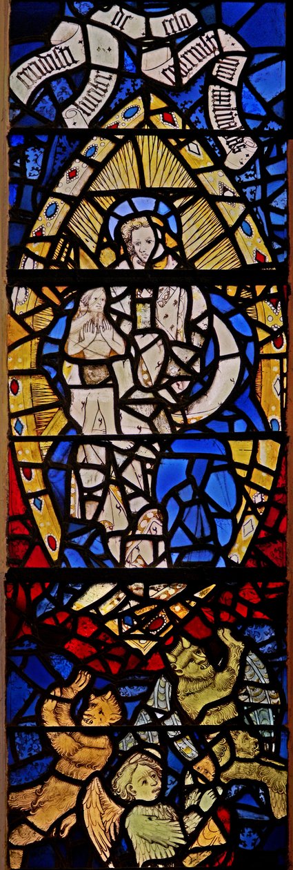 खिड़की s2 रहस्योद्घाटन की पुस्तक में मानव-बच्चे के साथ सूर्य के साथ और उसके पैरों के नीचे चंद्रमा के साथ महिला को चित्रित करते हुए; इनसेट ग्लास के गहने के साथ द्वारा अंग्रेजी स्कूल