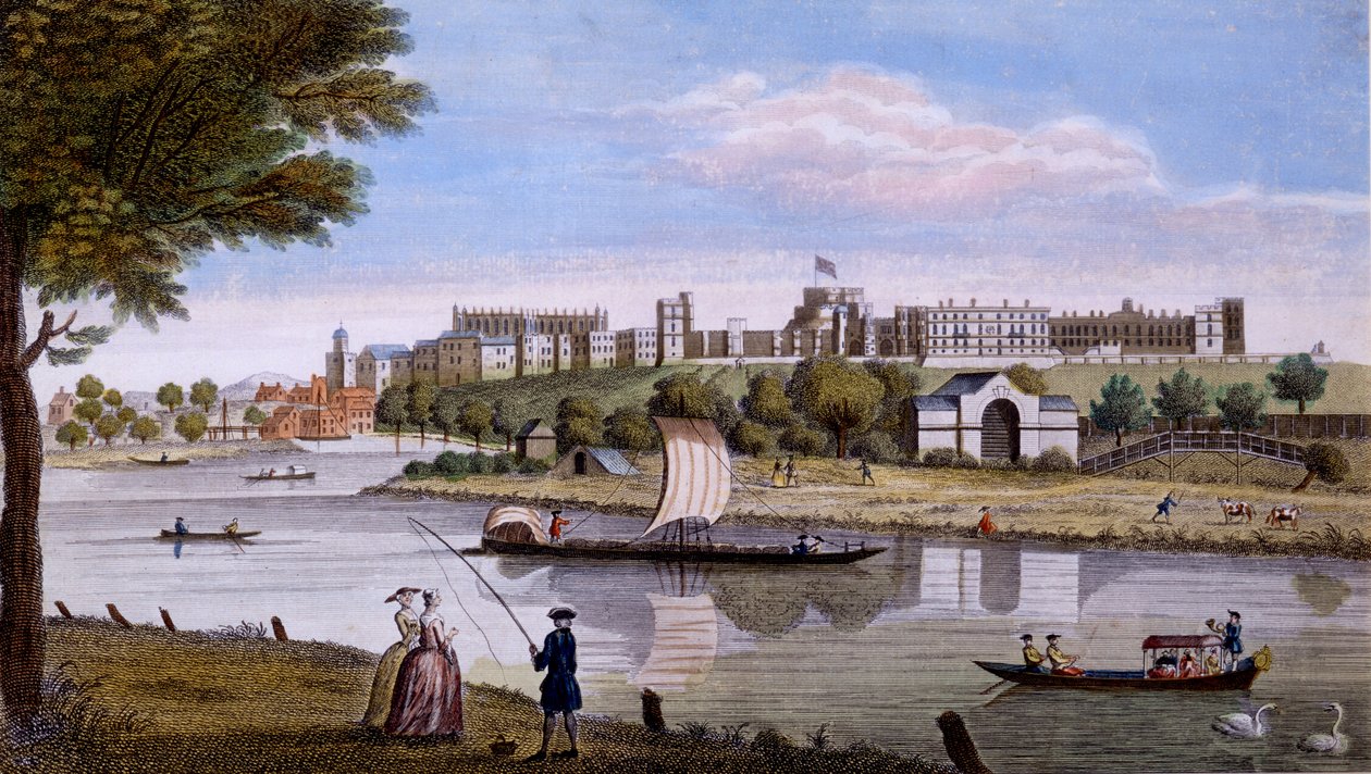 टेम्स के पार से विंडसर कैसल, c.1760s (हाथ से रंगीन उत्कीर्णन) द्वारा अंग्रेजी स्कूल