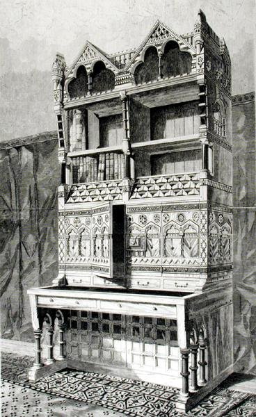 श्री आर नॉर्मन शॉ के डिजाइन से श्री जेम्स फोर्सिथ द्वारा निष्पादित वास्तुशिल्प प्रदर्शनी में लेखन तालिका और पुस्तक का मामला द्वारा अंग्रेजी स्कूल