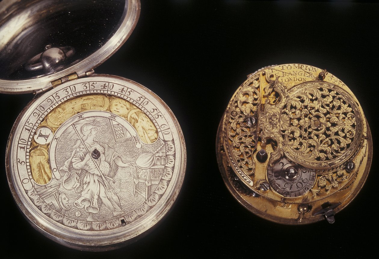 दो पॉकेट घड़ियाँ, c.1660 और c.1705 (धातु) द्वारा अंग्रेजी स्कूल अंग्रेजी स्कूल