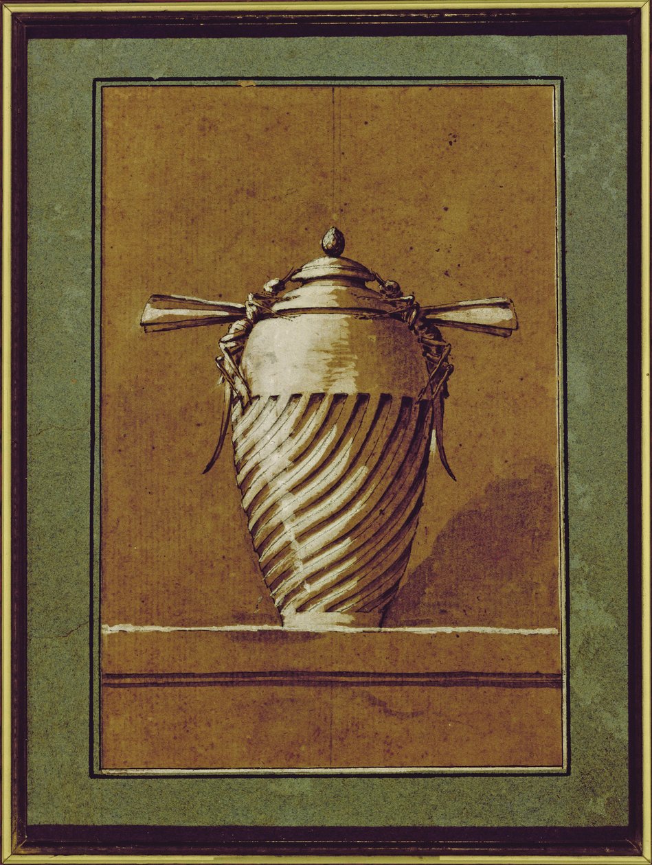 एक सजावटी फूलदान के लिए डिज़ाइन, 1764 (कलम, स्याही और कागज पर गोंद) द्वारा एनेमॉन्ड अलेक्जेंड्रे पेटिटोट
