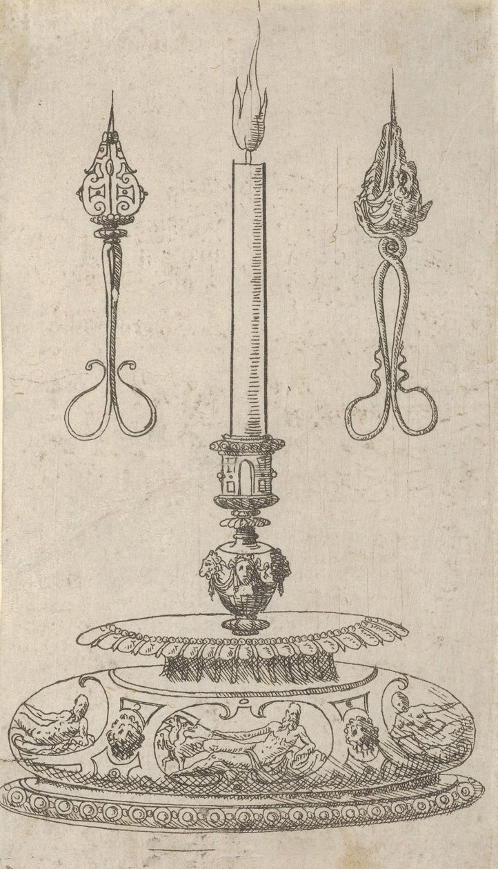 कैंडल विक ट्रिमर्स के साथ कैंडलस्टिक के लिए डिज़ाइन, 1560-70। द्वारा इरास्मस हॉर्निक
