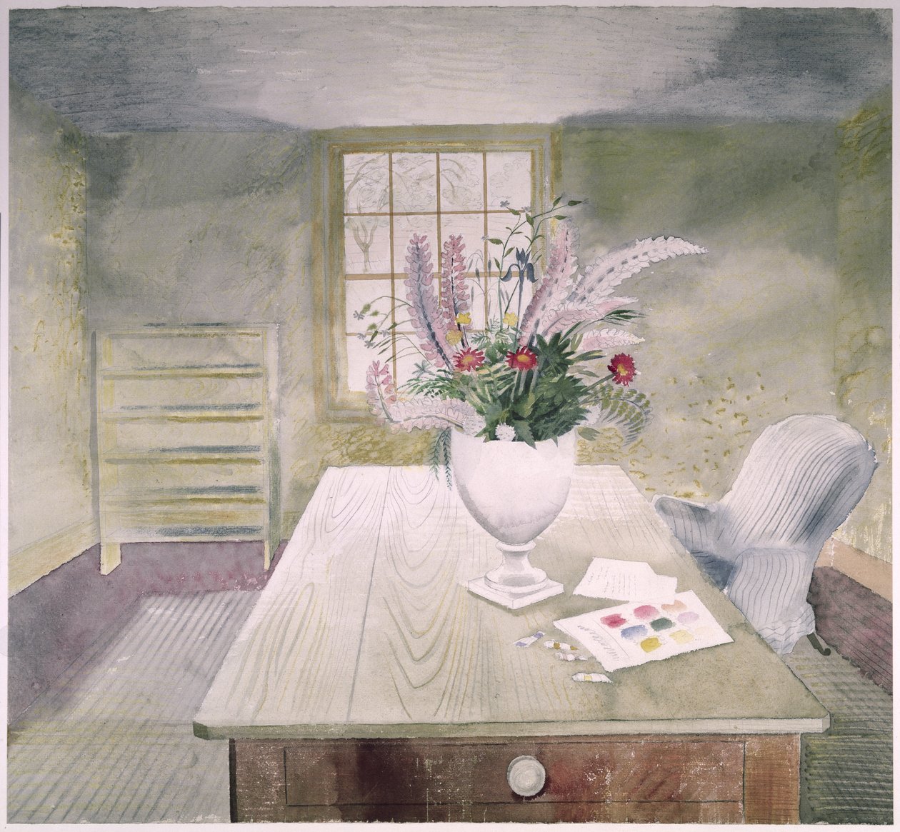एक झोपड़ी की मेज पर बगीचे के फूल द्वारा एरिक Ravilious
