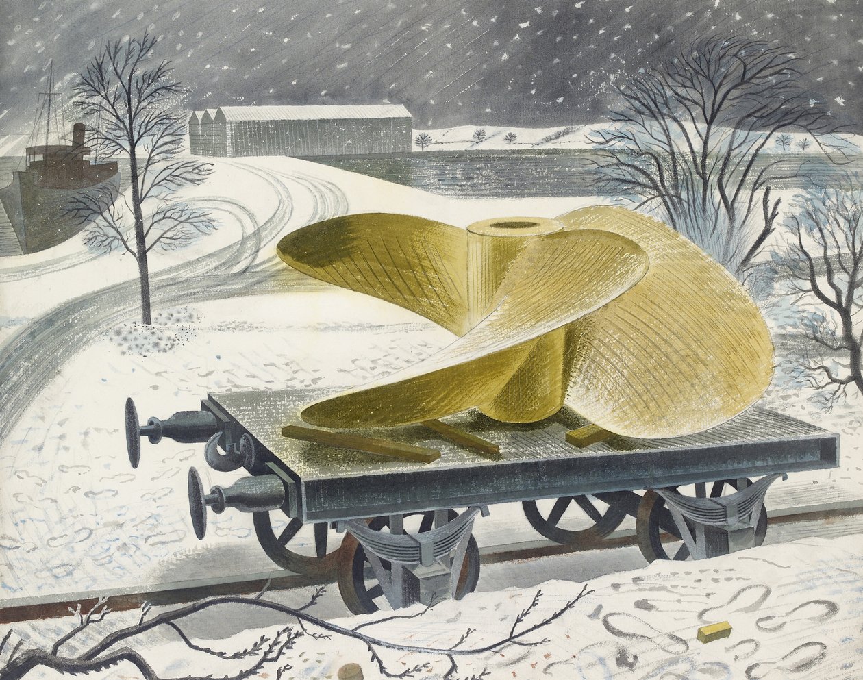 रेलवे ट्रक पर जहाज का पेंच (ग्रेफाइट पर पानी का रंग, कागज पर) द्वारा एरिक Ravilious