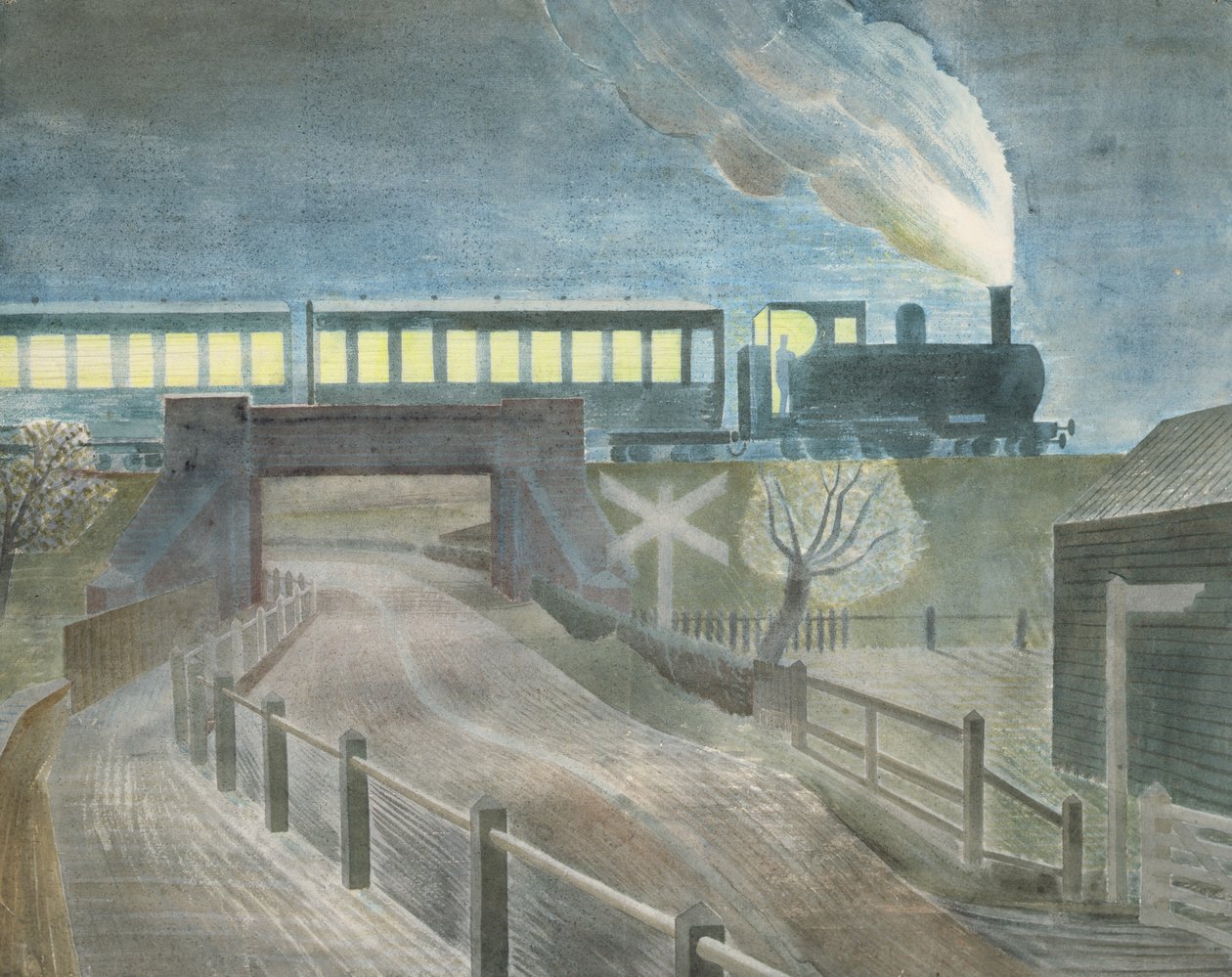 रात में पुल पर जा रही ट्रेन द्वारा एरिक Ravilious