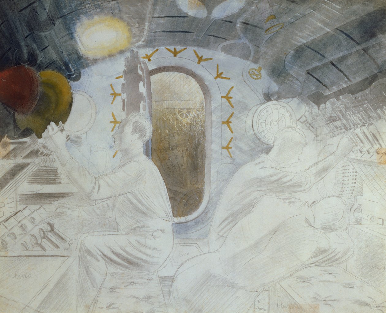 काम नियंत्रण जब जलमग्न, c.1940 (कागज पर पेंसिल और wc) द्वारा एरिक Ravilious