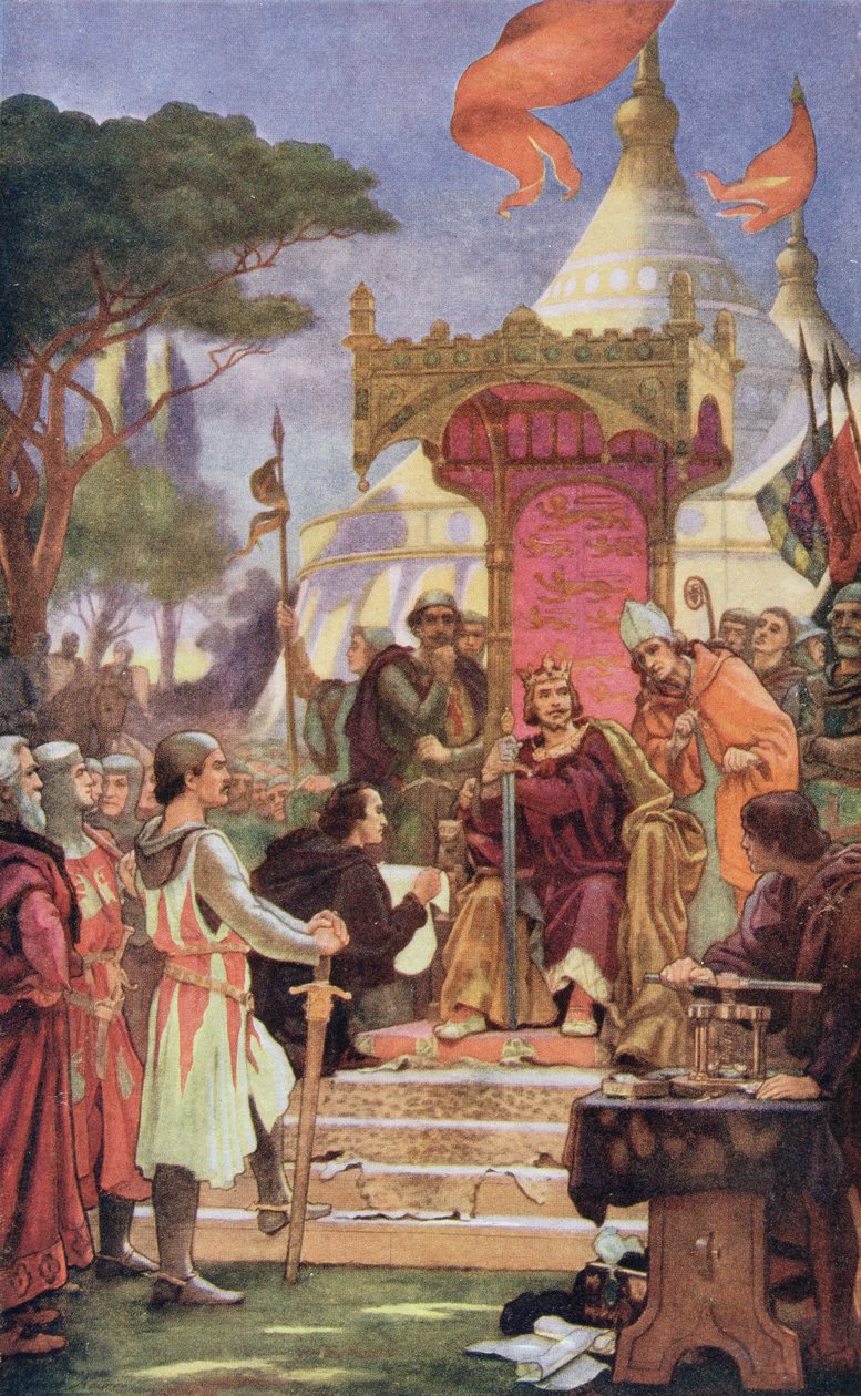 15 जून 1215 को मैग्ना कार्टा के हस्ताक्षर में किंग जॉन (1167-1216), &39;हचिंसन की कहानी ब्रिटिश नेशन का चित्रण&39; द्वारा अर्नेस्ट नॉर्मैंड