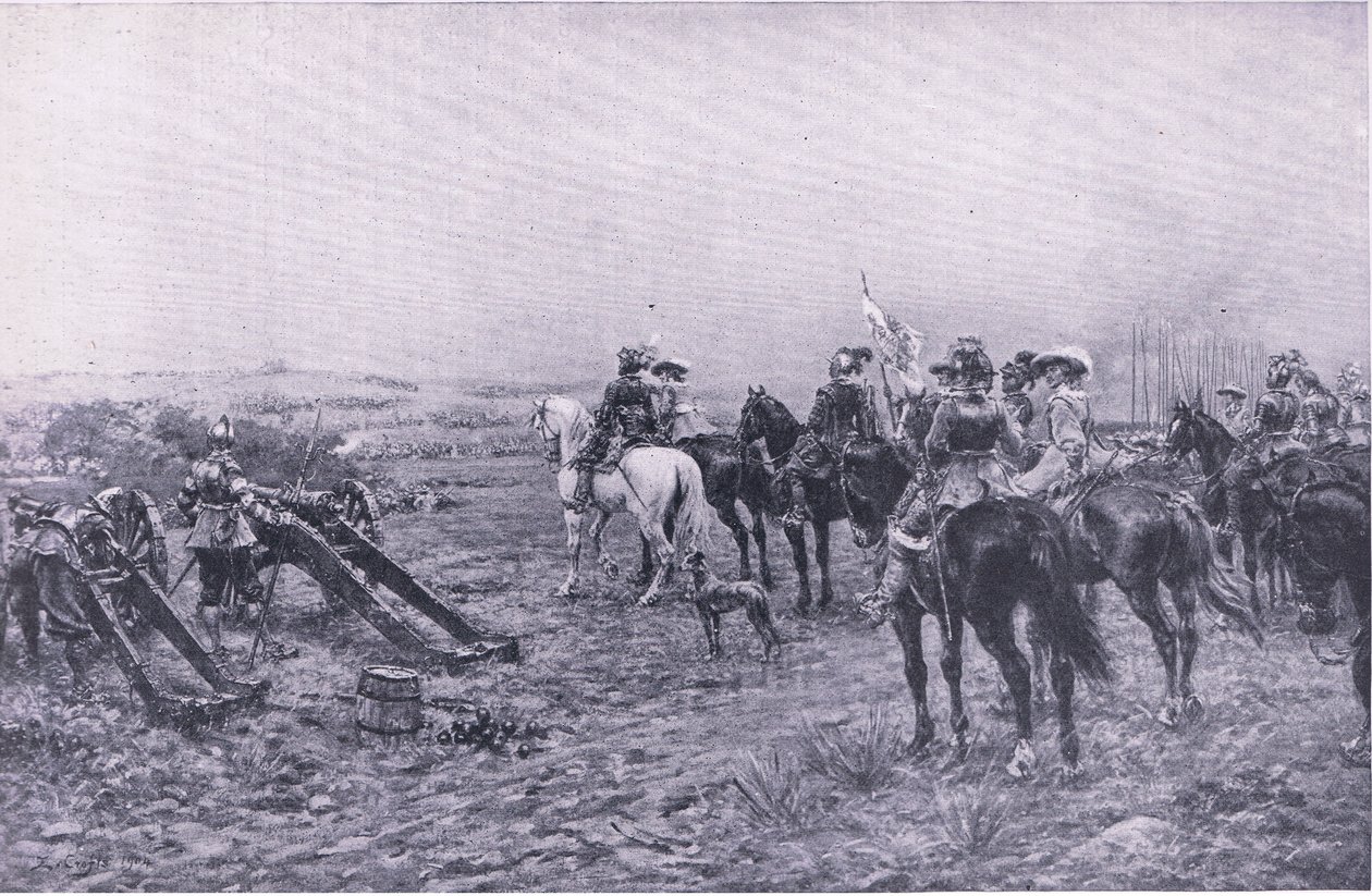 2 जुलाई 1644 को मारस्टन की लड़ाई में प्रिंस रूपर्ट, लैंड एंड सी, 1915 में ब्रिटिश बैटल से चित्रण द्वारा अर्नेस्ट क्रॉफ्ट्स