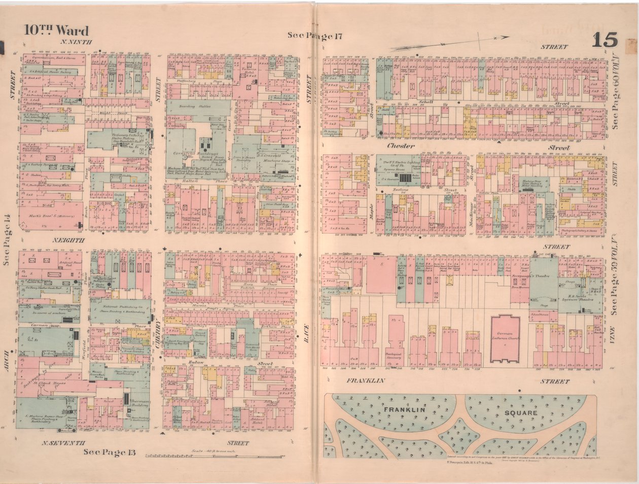 फिलाडेल्फिया शहर का बीमा मानचित्र; खंड 2, प्लेट 15, 1887 (हाथ से सजी नक्काशी) द्वारा अर्नेस्ट हेक्सामर
