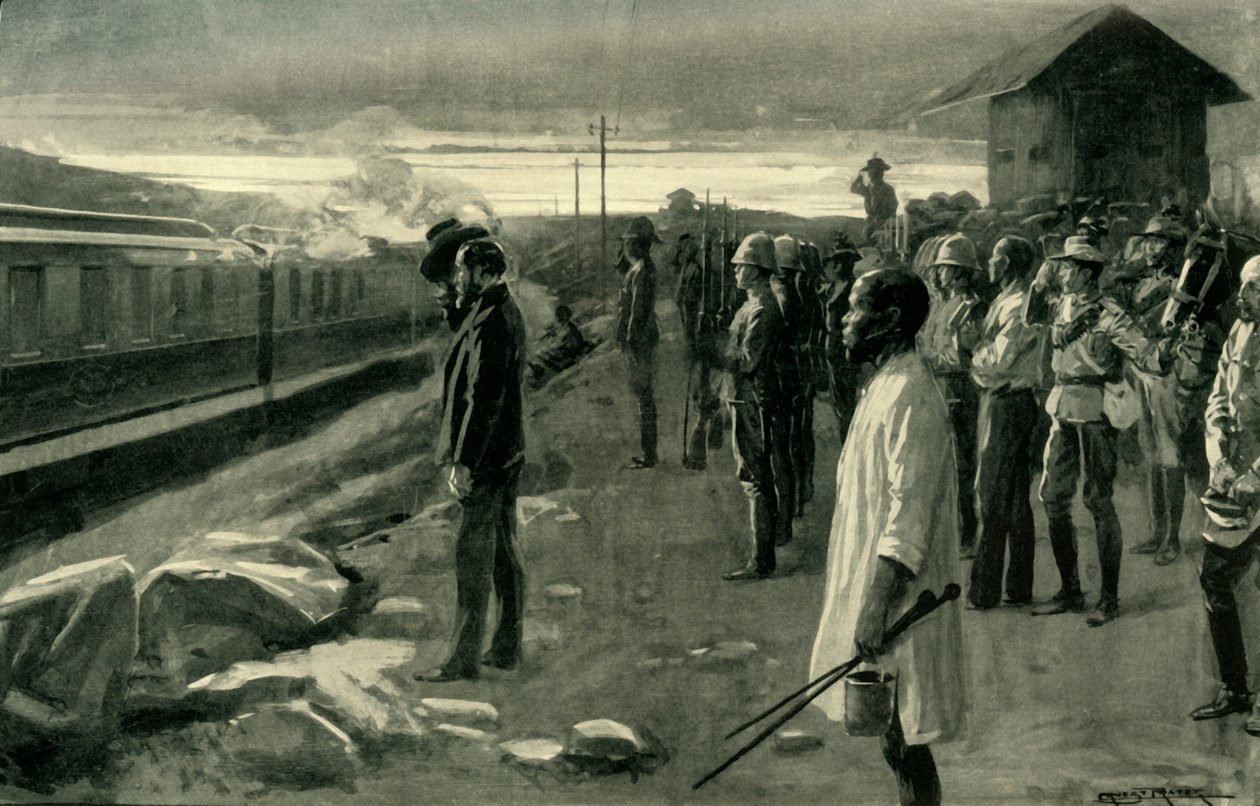1902 में ब्लॉकहाउस गार्ड्स द्वारा सलामी दी गई श्री रोड्स के अवशेषों को ले जाने वाली ट्रेन। द्वारा अर्नेस्ट प्रेटर