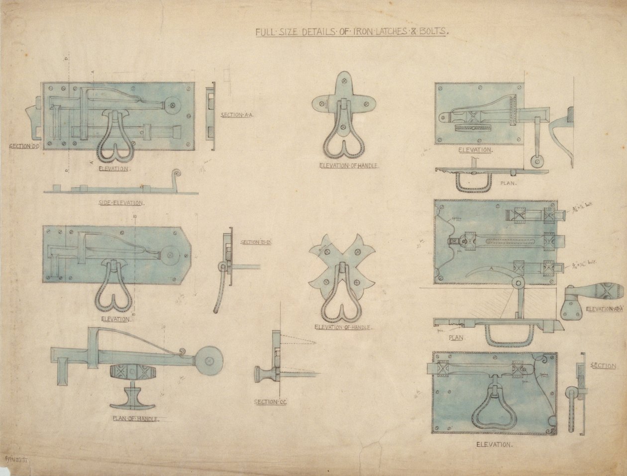 आयरन लैच और बोल्ट के लिए डिज़ाइन, c.1905-15 (कागज पर पेंसिल और wc) द्वारा अर्नेस्ट विलियम गिम्सन