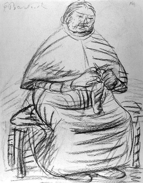 बुढ़िया बुनाई (कागज पर लकड़ी का कोयला) (बी/डब्ल्यू फोटो) द्वारा अर्न्स्ट बारलाच