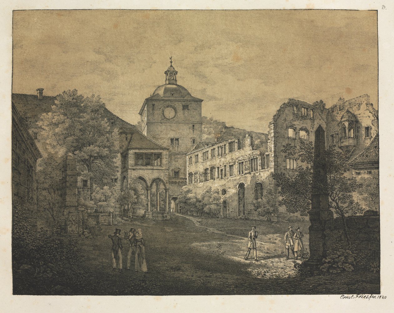 हीडलबर्ग कैसल के छह दृश्य: कैसल टेरेस, 1820। द्वारा अर्नस्ट फ्राइज़