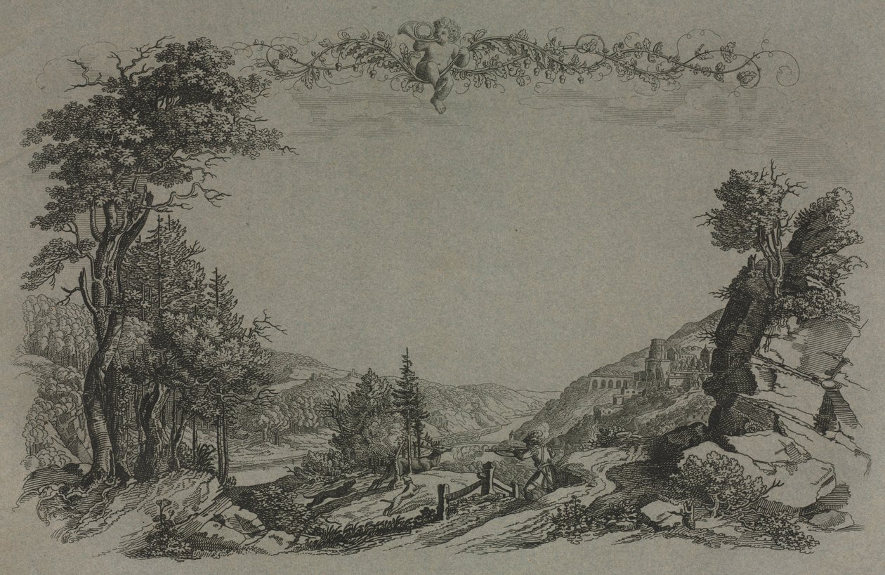 हीडलबर्ग कैसल के छह दृश्य: कवर, शिकार दृश्य, 1820। द्वारा अर्नस्ट फ्राइज़