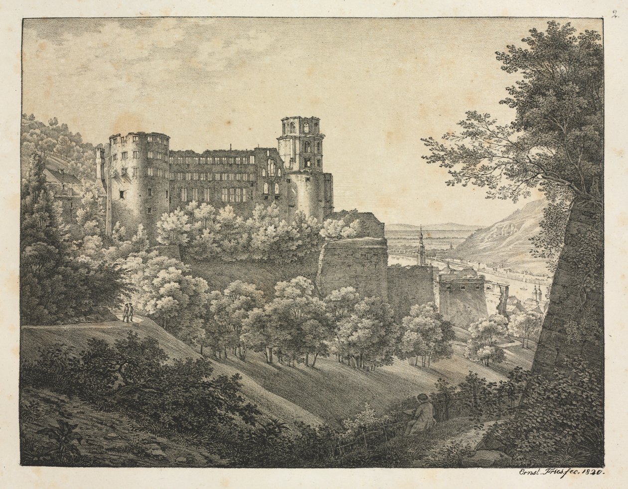 हीडलबर्ग कैसल के छह दृश्य: टुवर्ड्स नॉर्थईस्ट, 1820। द्वारा अर्नस्ट फ्राइज़
