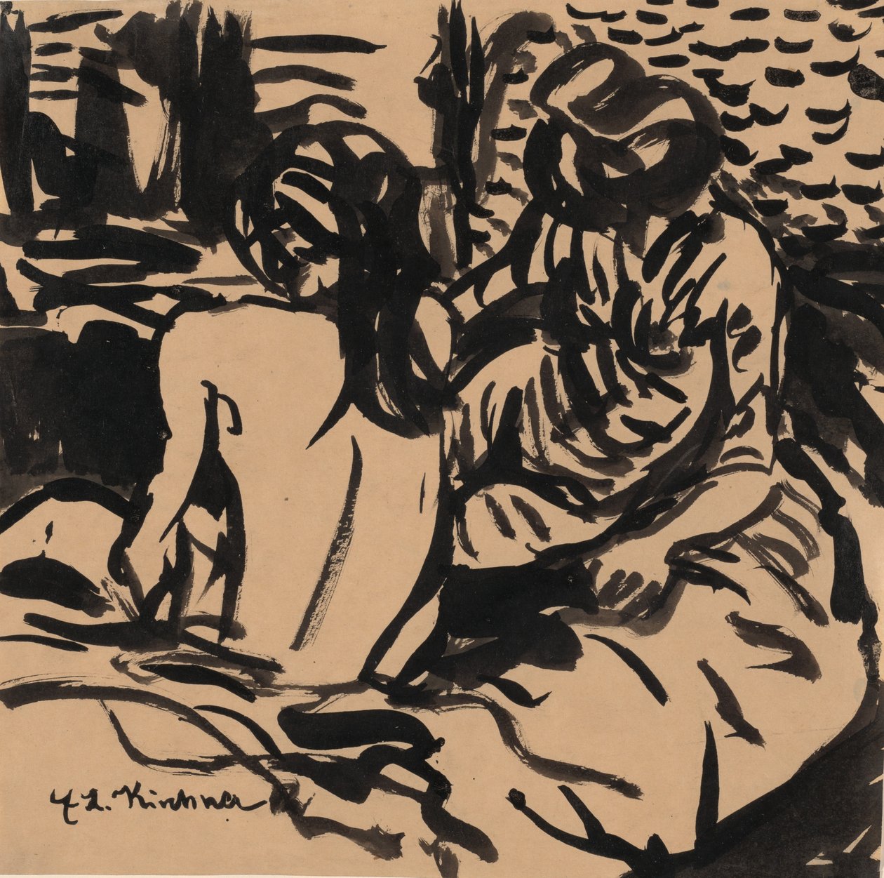 एक बिस्तर इसाबेला और एक छोटी लड़की पर दो जुराबें, c. 1906. द्वारा अर्नस्ट लुडविग किरचनर