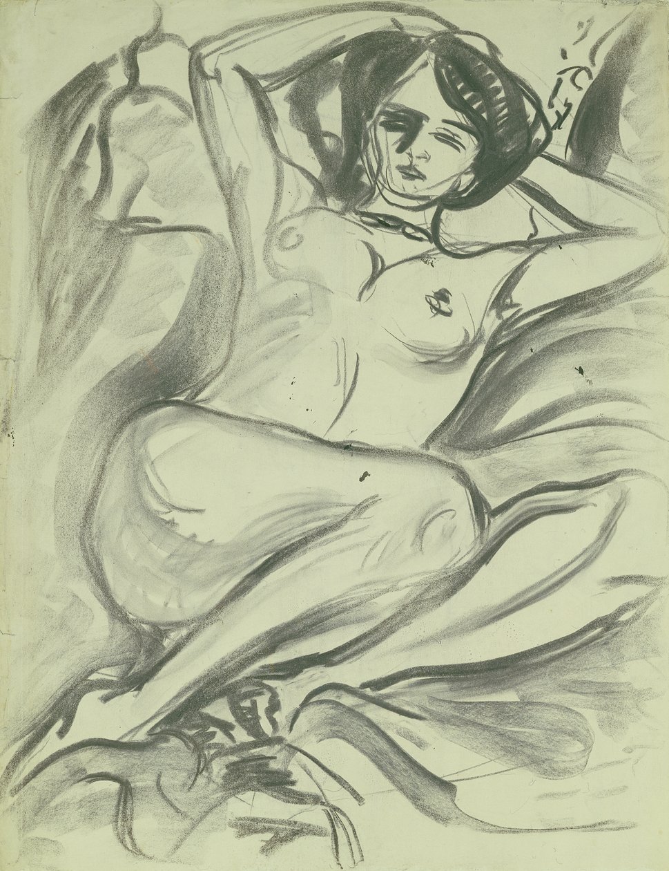 रिकल्डिंग न्यूड (इसाबेला), 1906 (कागज पर चारकोल) द्वारा अर्नस्ट लुडविग किरचनर